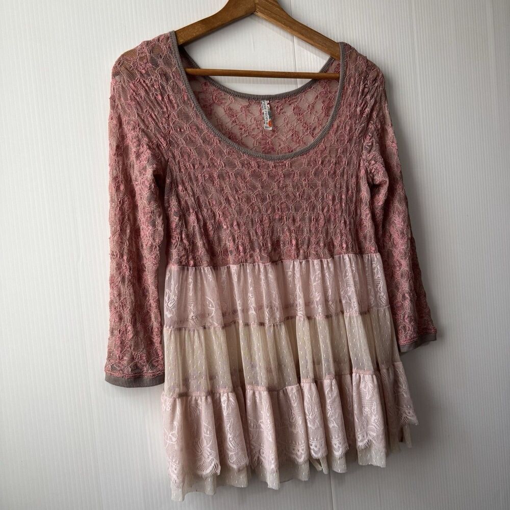 Free People Women XS Pink Lace Tiered Babydoll Tunic Top Boho Fairy Y2K Romantic - Picture 3 of 16